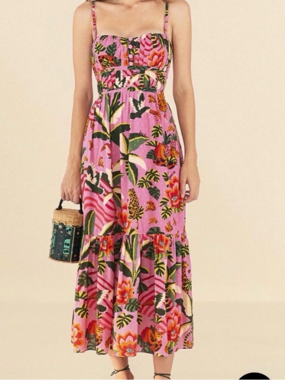 FARM Rio Pink Tropical Maxi Dress with Green & Orange Print